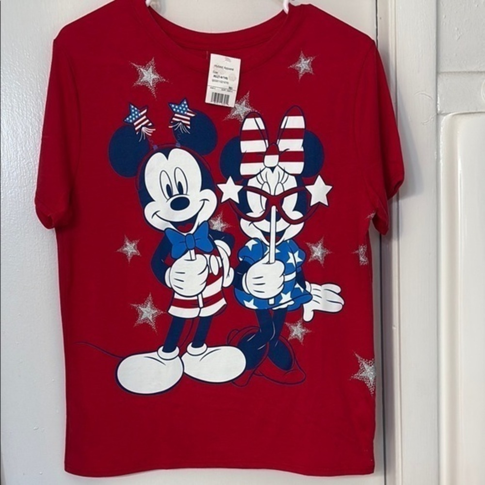 NWT Disney Red Patriotic Mickey Minnie Mouse Short Sleeve Red Tee Unisex Kids XL
